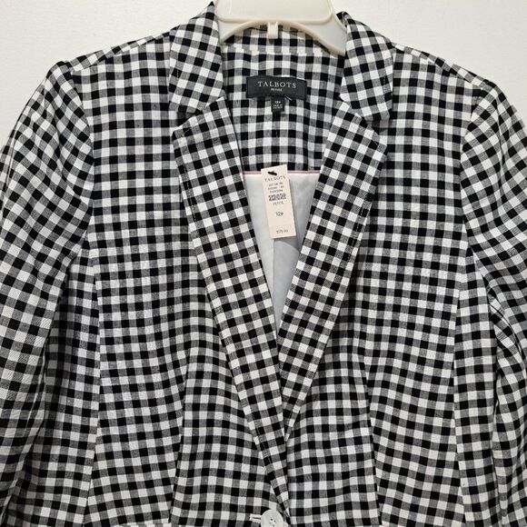 Talbots Linen Blend Preppy Minimal Gingham Blazer Size 12 Petite Black/White NWT - Picture 9 of 15